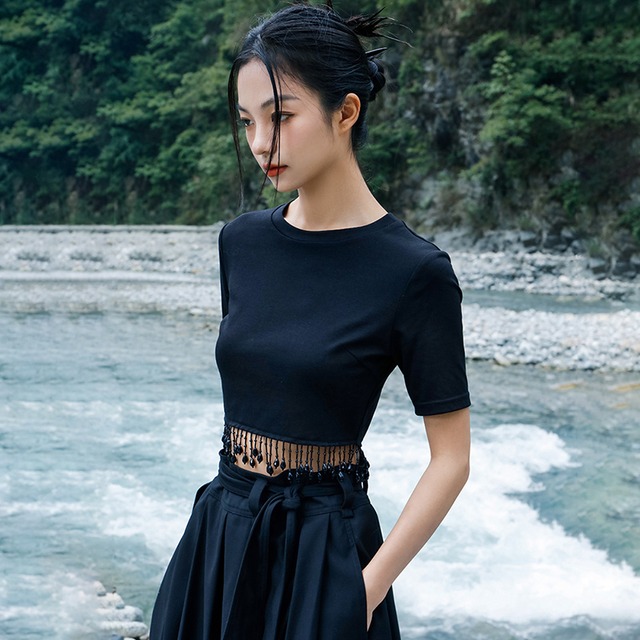 【大青龍肆シリーズ】★トップス★ Tシャツ 気質アップ フリンジ 着痩せ オリジナル 黒 ショート丈