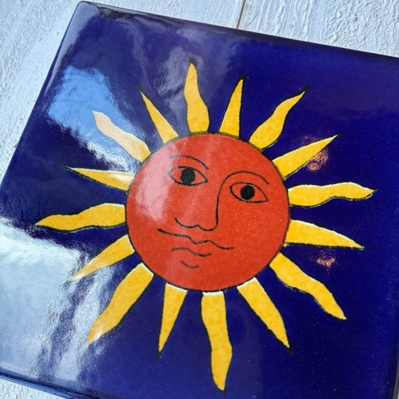 Mexico Talavera tile　メキシコタラベラタイル　C　太陽　サン　オレンジ　ネイビー　10cm　コースター　鍋敷き　DIY　モザイクタイル　柄タイル　室内壁　室外壁　デザインタイル　レトロ　アートタイル　ハンドメイド