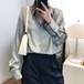 ブラウス 長袖シャツ カラーシャツ 光沢 シンプル レディース ゆったり とろみ シャツ サテンタッチ ドロップショルダー ドレープ 無地 きれいめ カジュアル オフィス おしゃれ オールシーズン