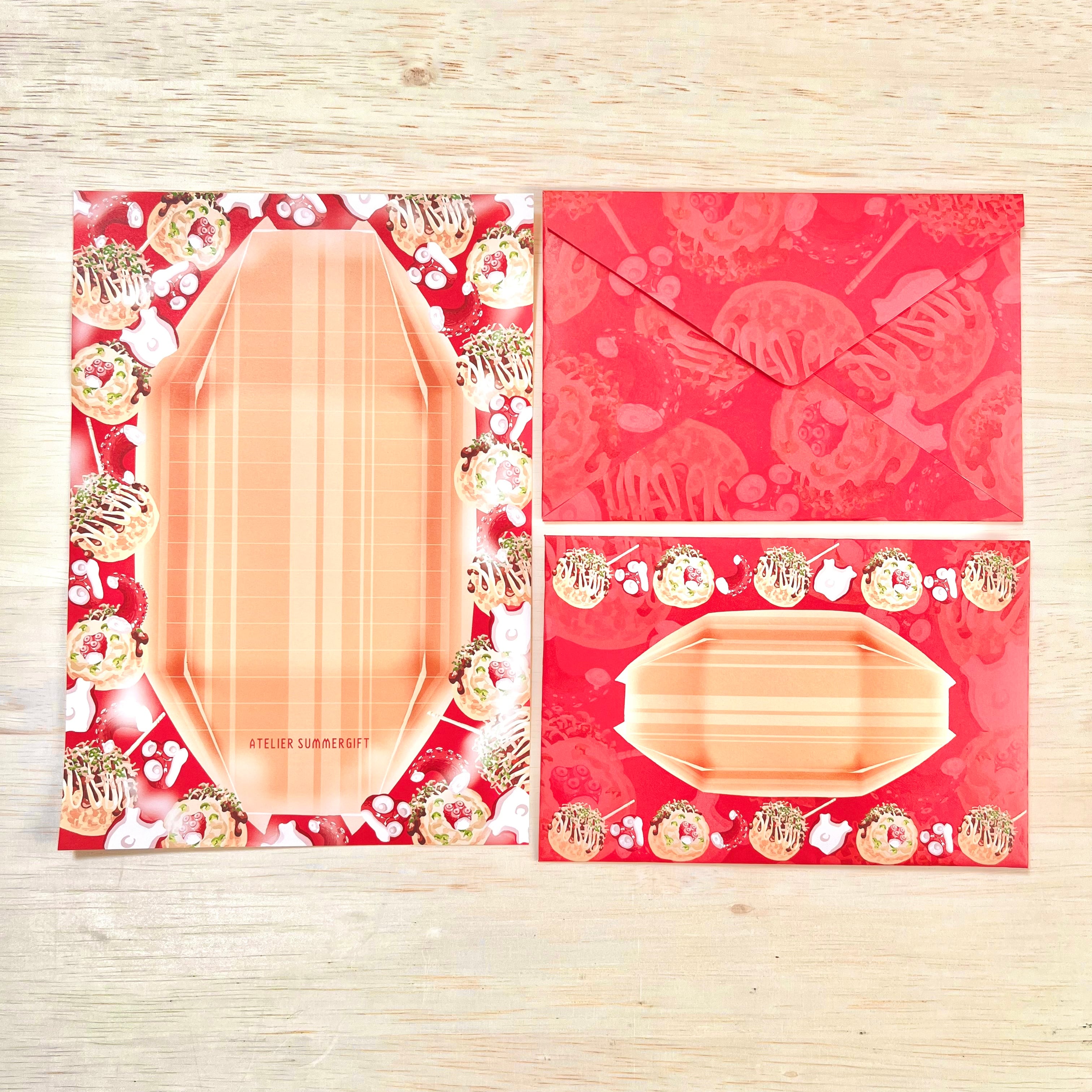 たこ焼き　台紙　オーダー　受付ページ レターセット】たこ焼き【便箋】【封筒】【夏祭り】 | ATELIER SUMMERGIFT