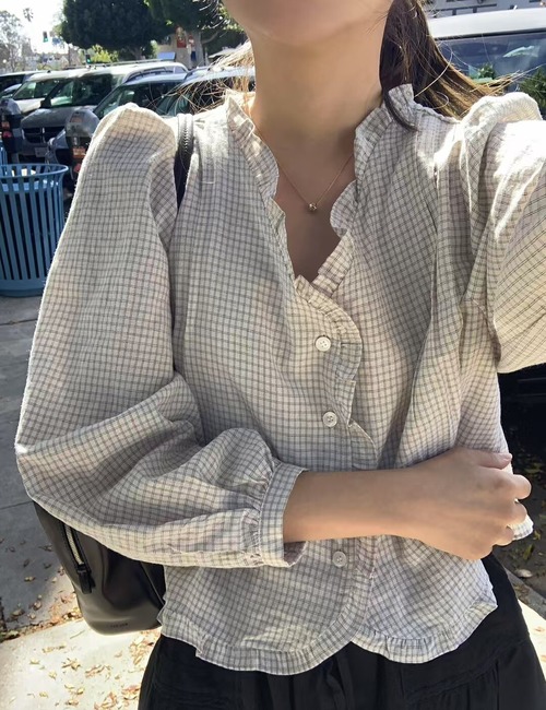 (予約) LITER / Runa check frill blouse 2color