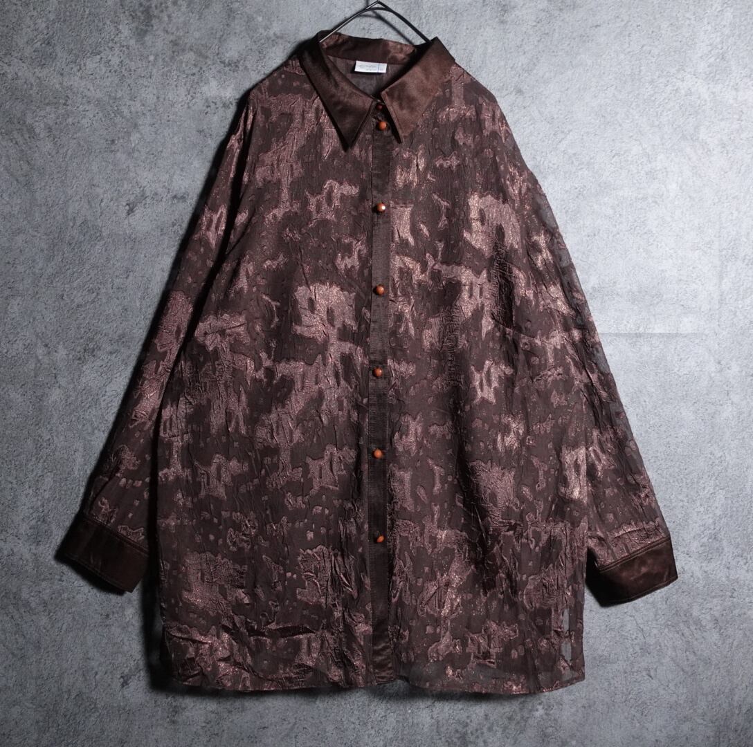 EURO Brown Patterned Lamé See-Through Shirt