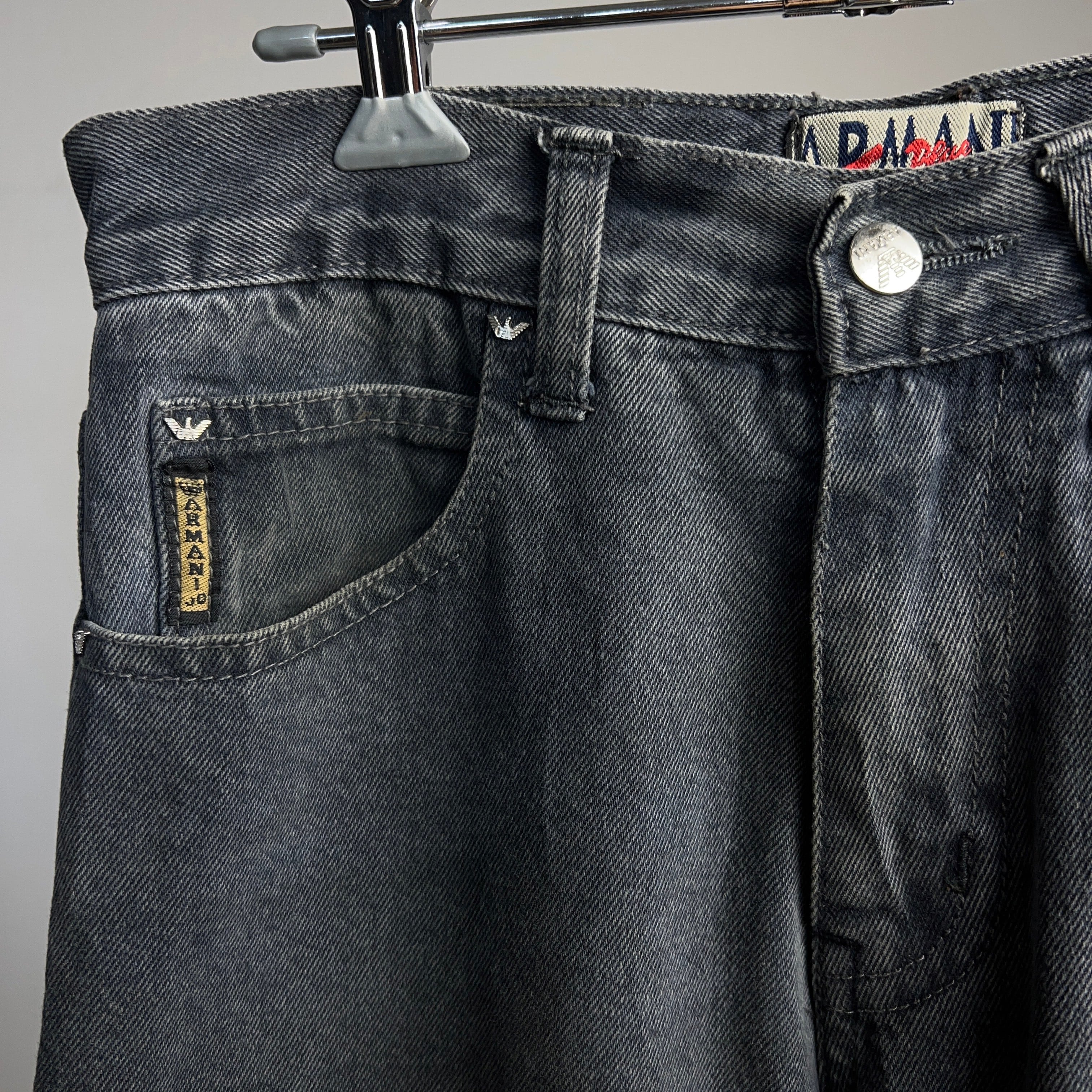 90's~ “ARMANI JEANS” Black Denim Pants アルマーニ ジーンズ ブラックデニムパンツ W29.5【0908A104】