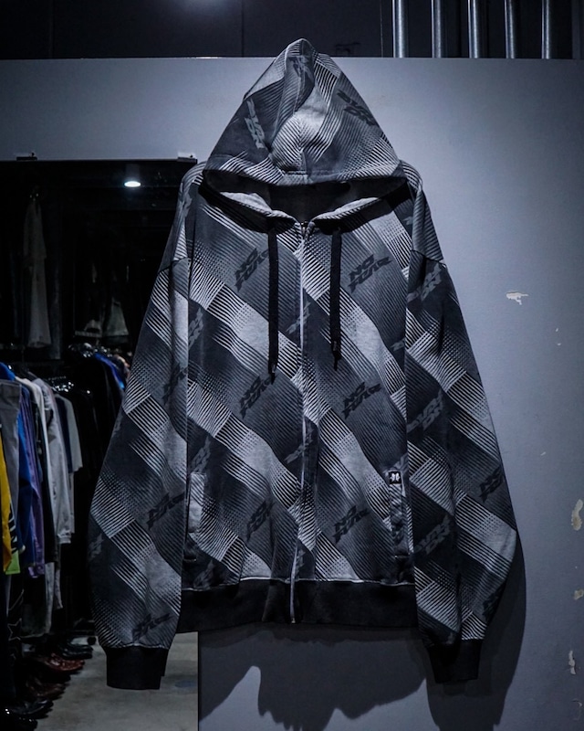 【add (C) vintage】“NO FEAR”Monotone Gradation Checkerd Loose Zip Up Hoodie