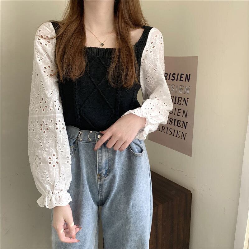 ニットトップス レディーススリムスプリングシャツ ロング 春物 ステッチ 萌量不足45092296825