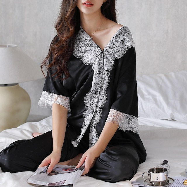 【M-XL】flower lace v-neck cardigan style pajamas p866