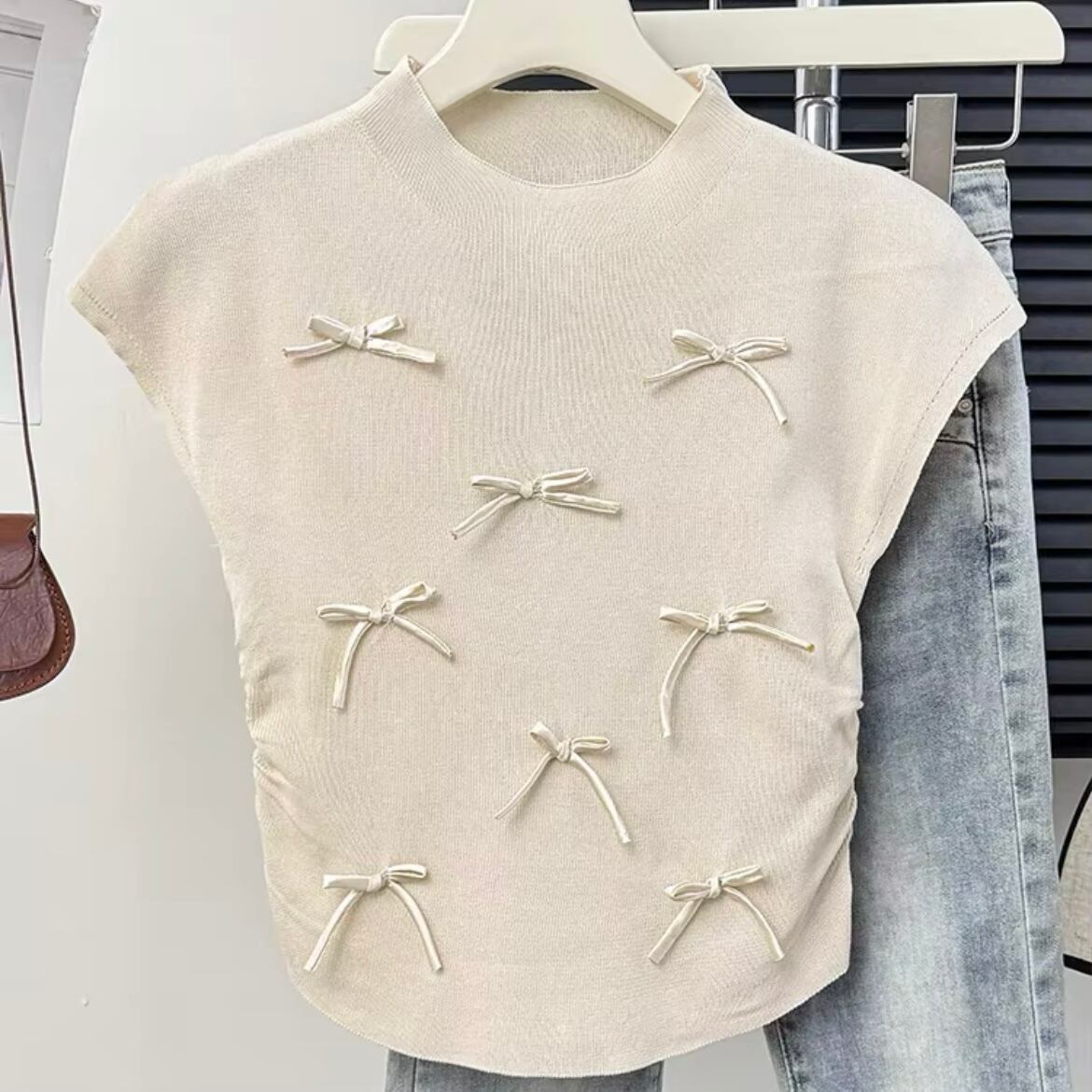 リボンモチーフクルーネックニットTシャツ