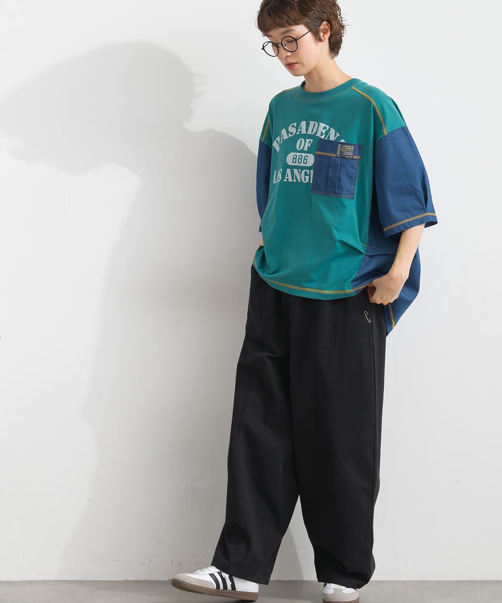 J262062 デニム切替リメイク風ロゴプルオーバー / Denim Panel Remake