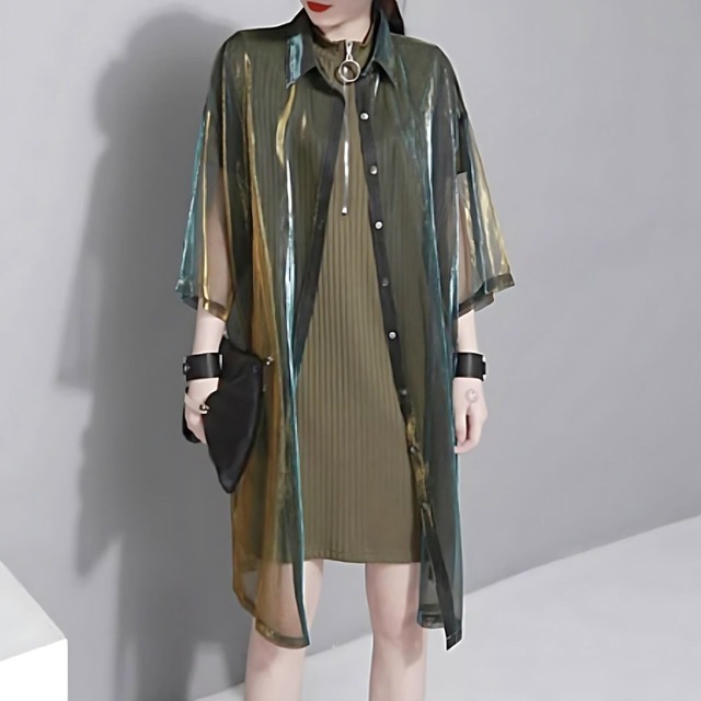 Sheer iridescent oversized shirt【2color】 C0271