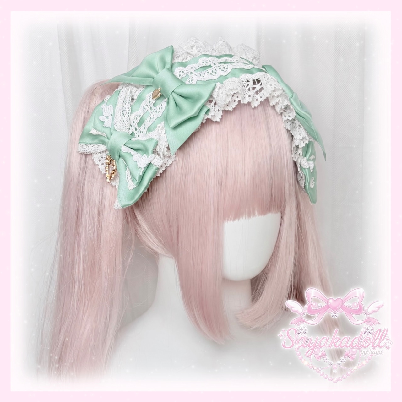 ♡【全9色】 クラシカルフリルレース ダブルリボンヘッドドレス pink ♡
