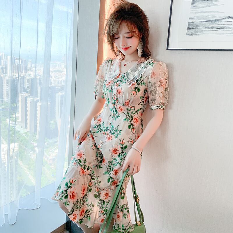 プリント柄刺繍レースカラーハイウェストウェストラッフルドレス サマースタイル 夏物 MIUCO55370103253