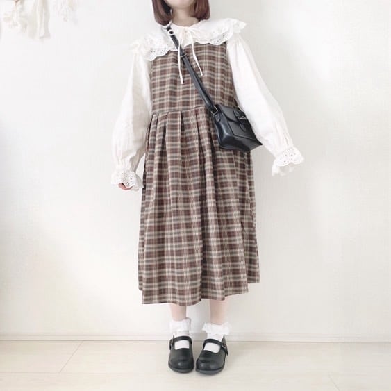 雪様着用】レトロガーリー♡チェック柄ワンピース＋ブラウス2点セット