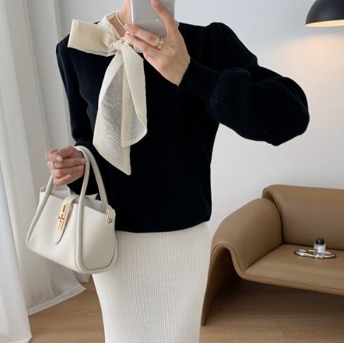 【tops】リボン付きニットプルオーバー M19636