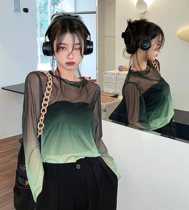 新作 レディース トップス Tシャツ 長袖 シースルー クルーネック メッシュ 日焼け止め