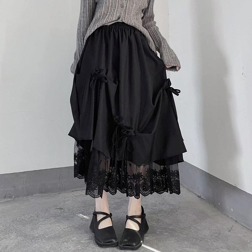 lace hem tuck ribbon skirt / l0847