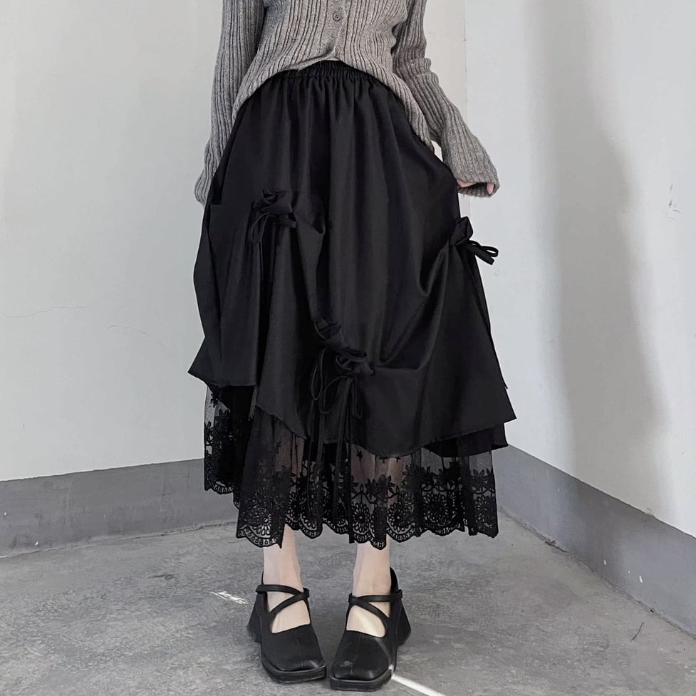 lace hem tuck ribbon skirt / l0847