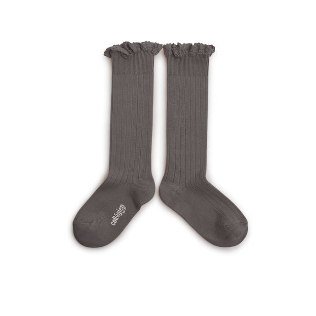 Collegien / Joséphine Lace-Trim Ribbed Knee-high Socks - Pebble Gray