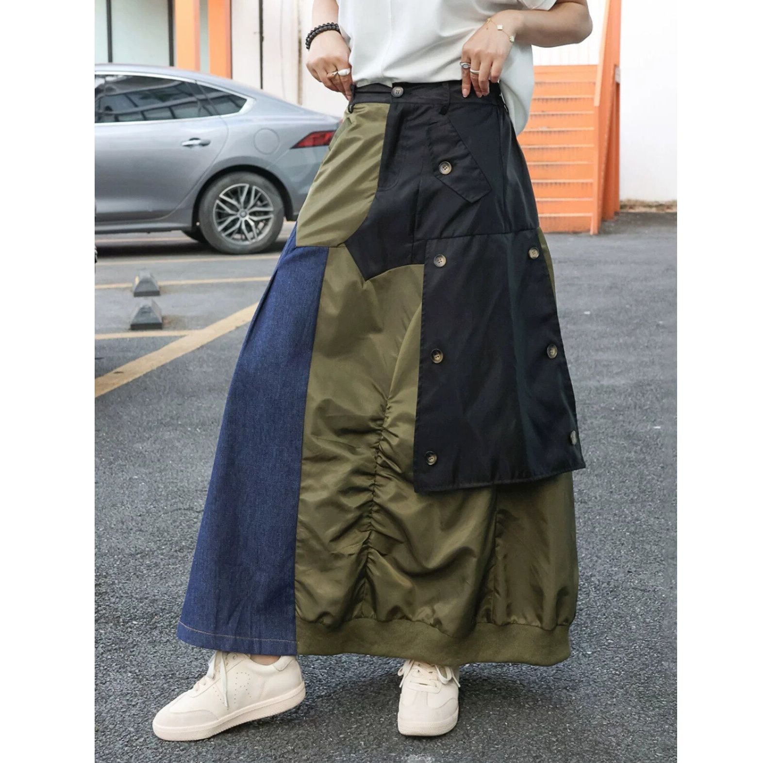 COLOR BLOCK PATCHWORK A-LINE LONG DESIGN SKIRT 3colors M-16266