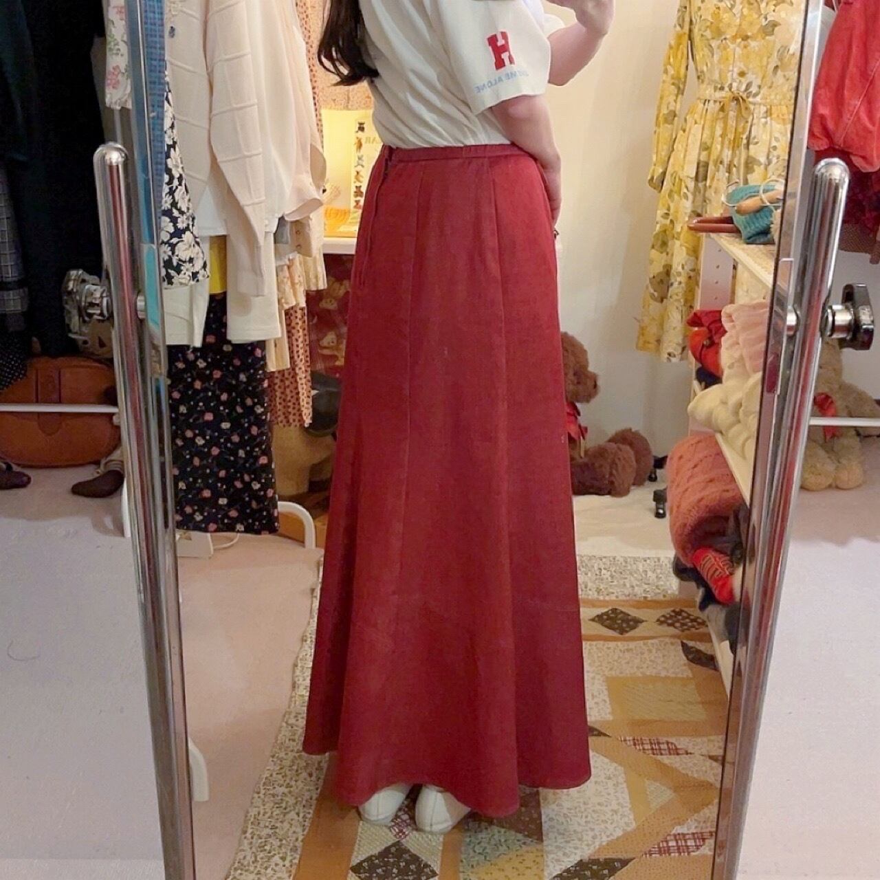red denim seams flare skirt