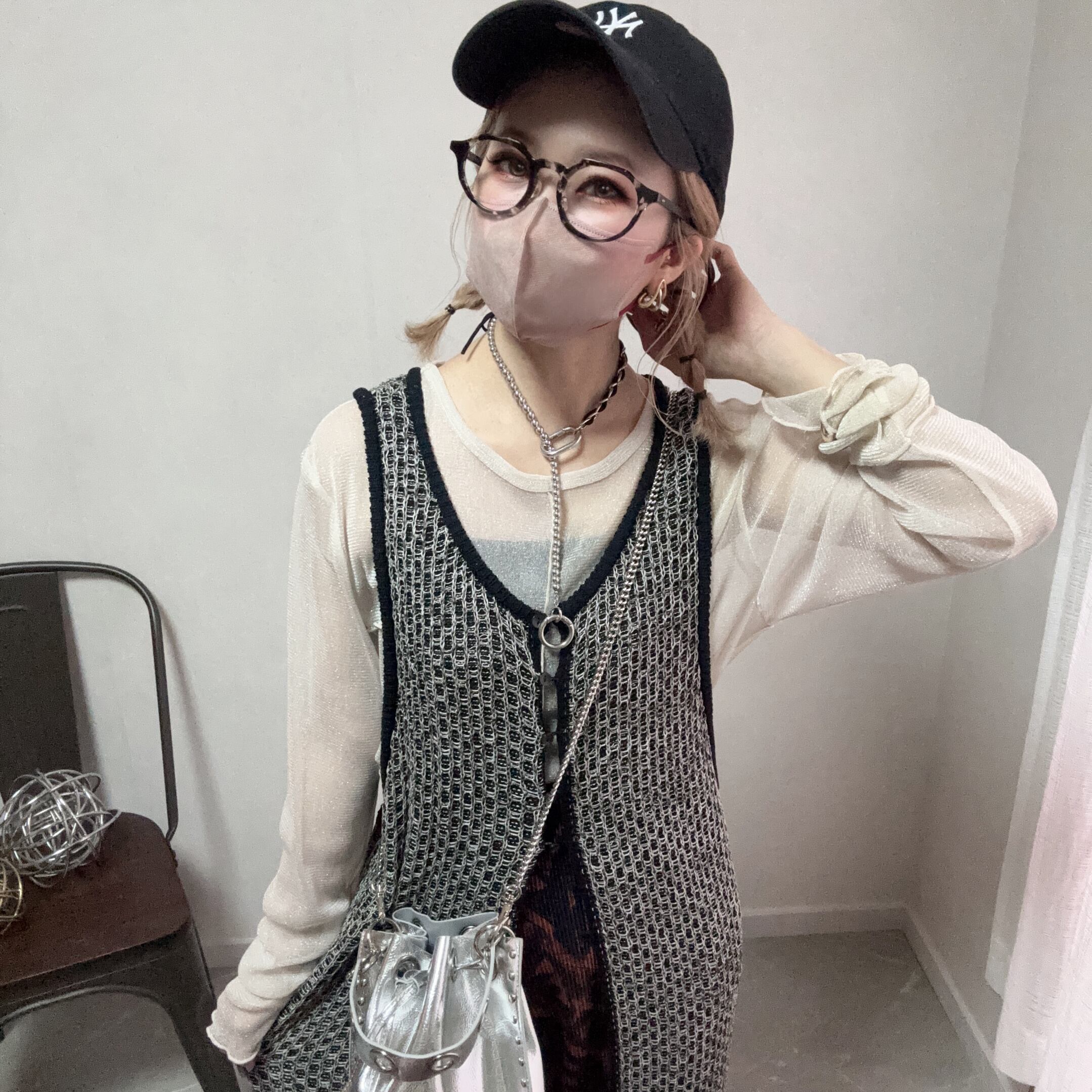mix color knitting 2way gilet OP【Black】
