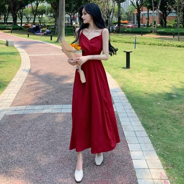 フレンチドレスレディースサマードレス2020新しいレトロスリングリトルブラックドレスハイウエスト細いAラインミドル丈スカート 1号婦人73148876745