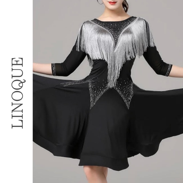 七分袖タッセルラインストーンショートワンピース 2color 【L00086】