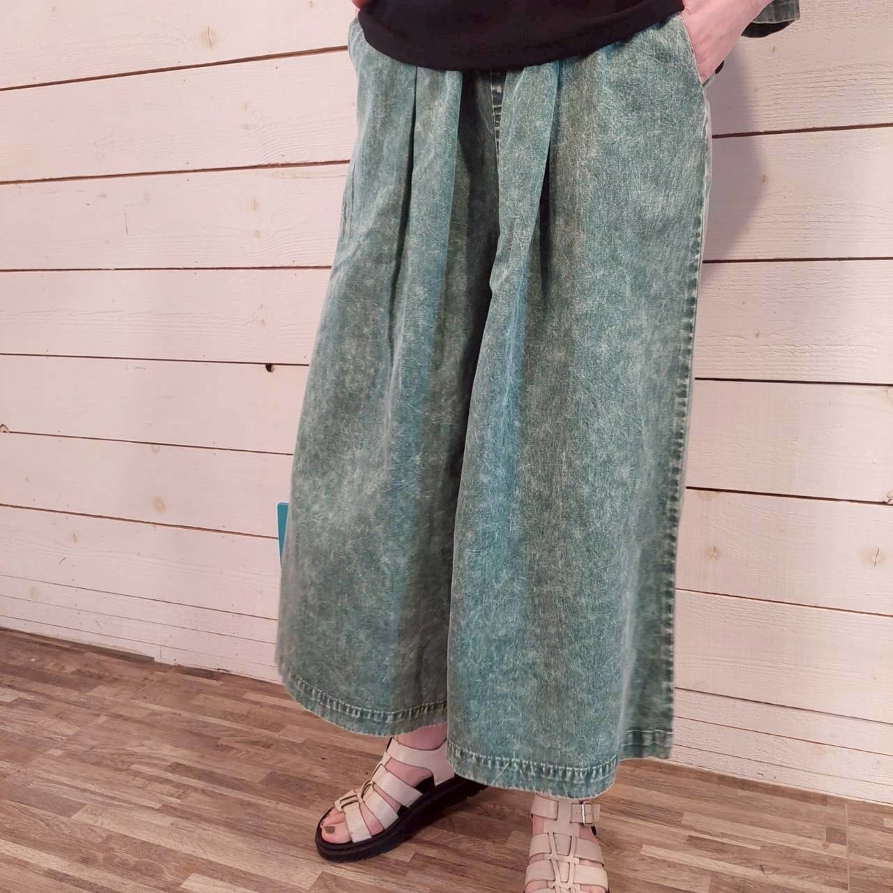 『People's』2904  デニムケミカル加工ガウチョパンツ　ウエストゴム