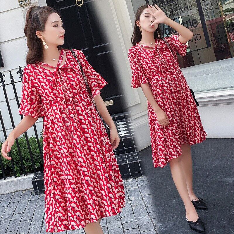 【新作】【送料無料】 サマーマタニティ新しいシフォンドレスショートフレアスリーブボウカラーハイウエスト妊婦ミニドレススウィートドレス ハイウェスト リボン 大人ガーリー キュート カジュアル 夏物 AL expec393525386474