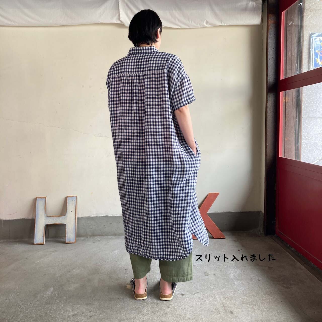 快晴堂リネンギンガム丸衿七分袖羽織りシャツ新品未使用品