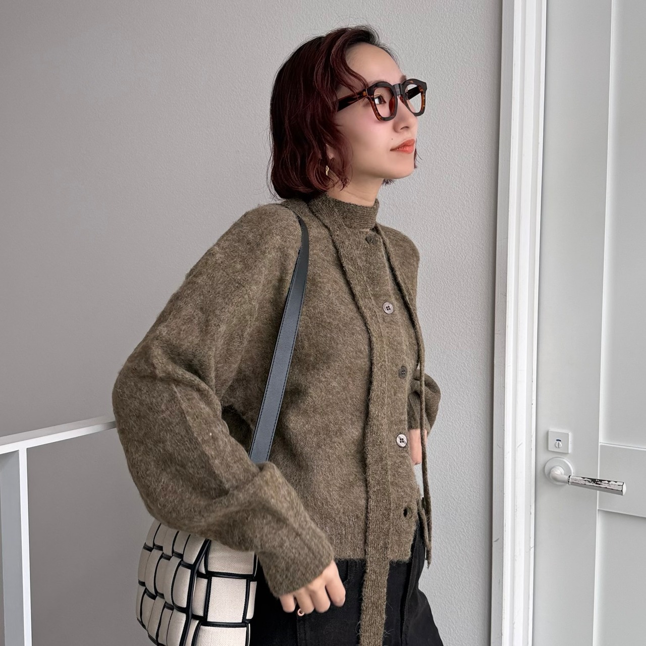 チョーカー紐付モヘアニットCD/カーキブラウン