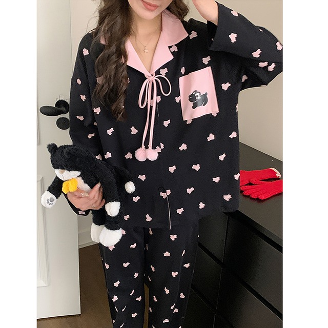 ✿黒とピンクの配色兎柄パジャマ【FANXIシリーズ】★パジャマ★ 2点セット トップス+ズボン レディース 部屋着 ルームウェア