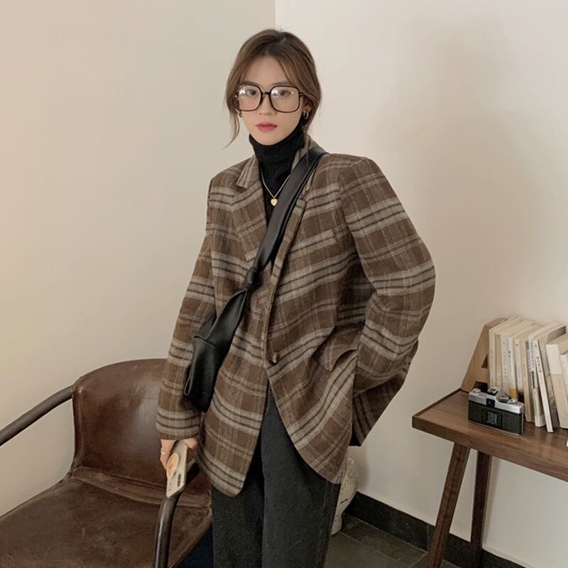 格子柄ジャケット スプリングオータムスタンダードスタイルカジュアル レトロ 春物 秋物 試着室86937259807