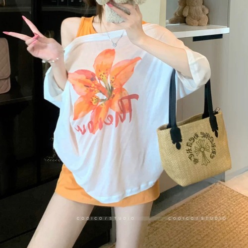 【3点セット】フラワープリントオフショルTシャツ＋タンクトップ＋ミニスカート ・77538