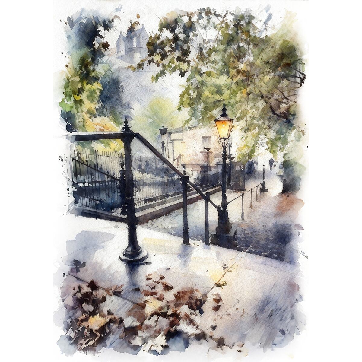 絵画 風景画(街並み) スコットランド エディンバラ城が見える階段 インテリアアート額付き 水彩画・油絵調 WAT0720