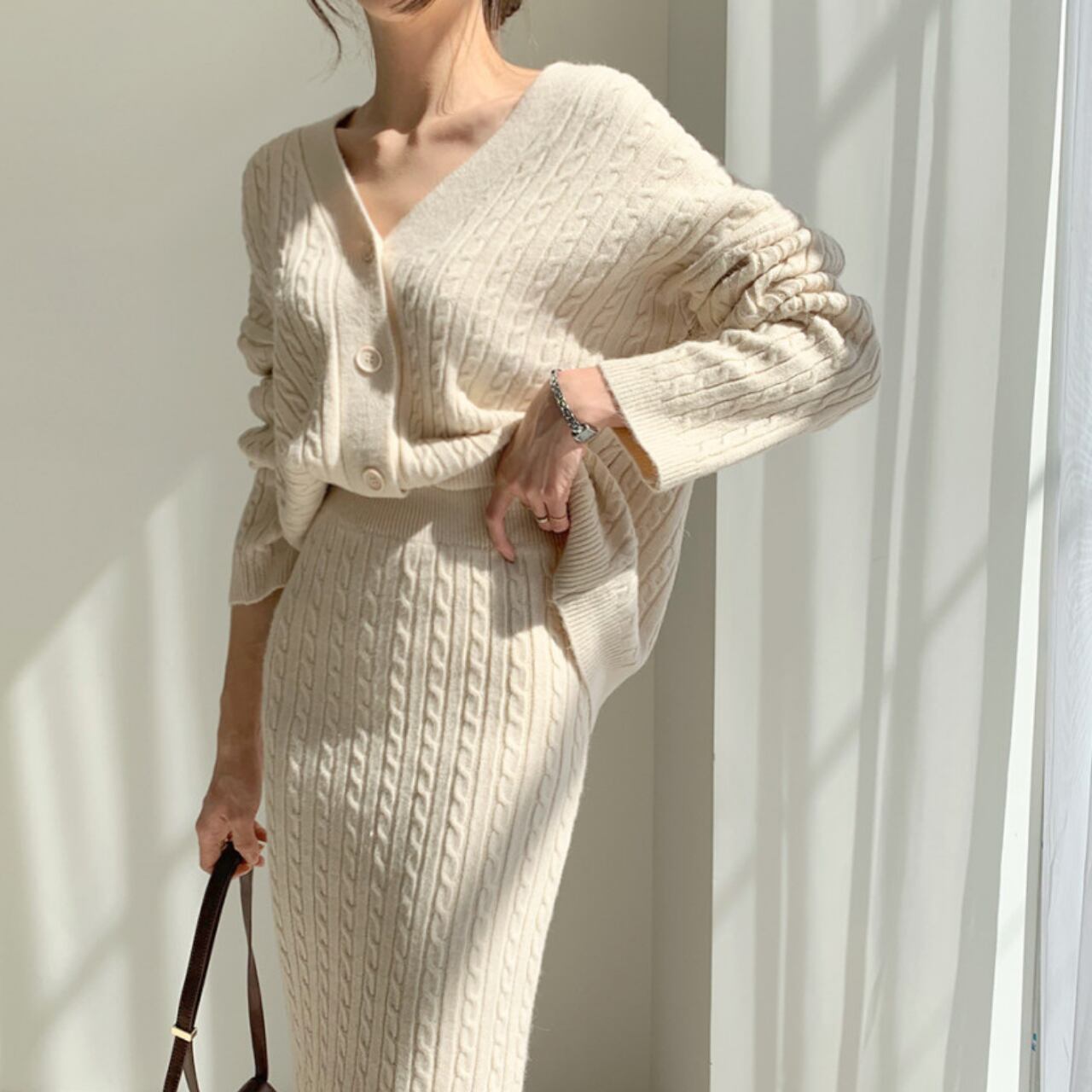 ケーブルニット セットアップ-ホワイト