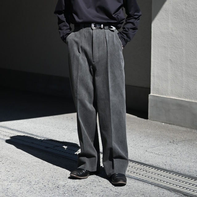 INTERIM / NATURAL DYED KATSURAGI WITH LEATHER PIPING 1-TUCK WIDE TAPERED MILITARY TROUSERS INTERIM / NATURAL DYED KATSURAGI WITH LEATHER PIPING 1-TUCK WIDE TAPERED MILITARY TROUSERS
