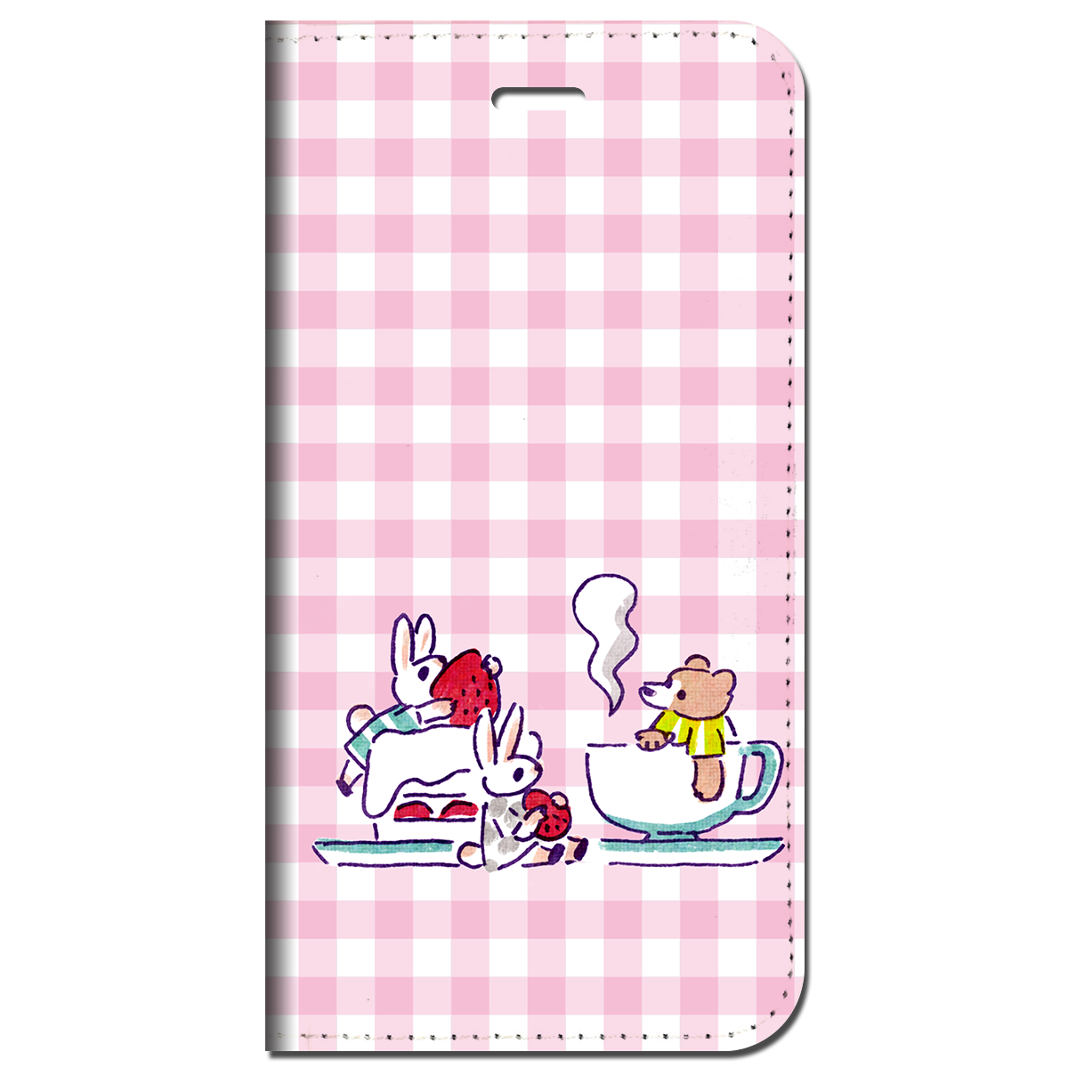 iPhone対応 スマホ 手帳型ケース うさぎ くま チェック ピンク イラスト キュート 動物 【iPhone17 / iPhone16 / iPhone16e / iPhoneSE 他 iPhone各機種対応】 st63