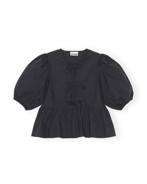 【GANNI】COTTON POPLIN PEPLUM TIE BLOUSE