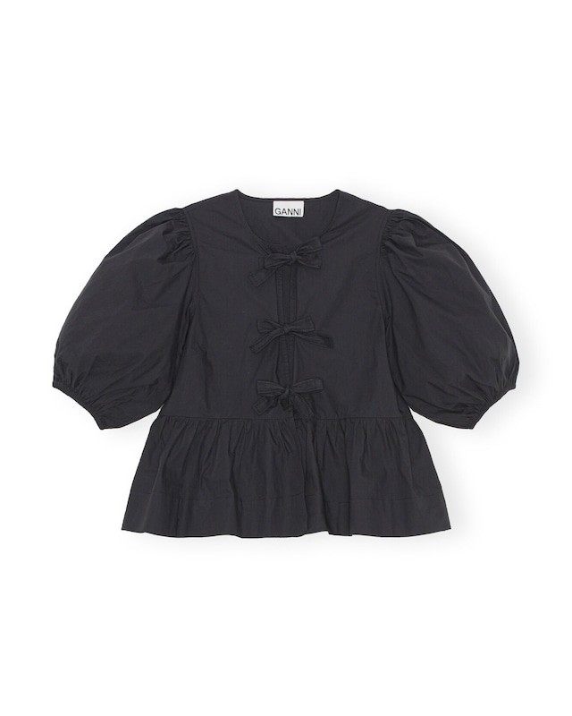 【GANNI】COTTON POPLIN PEPLUM TIE BLOUSE