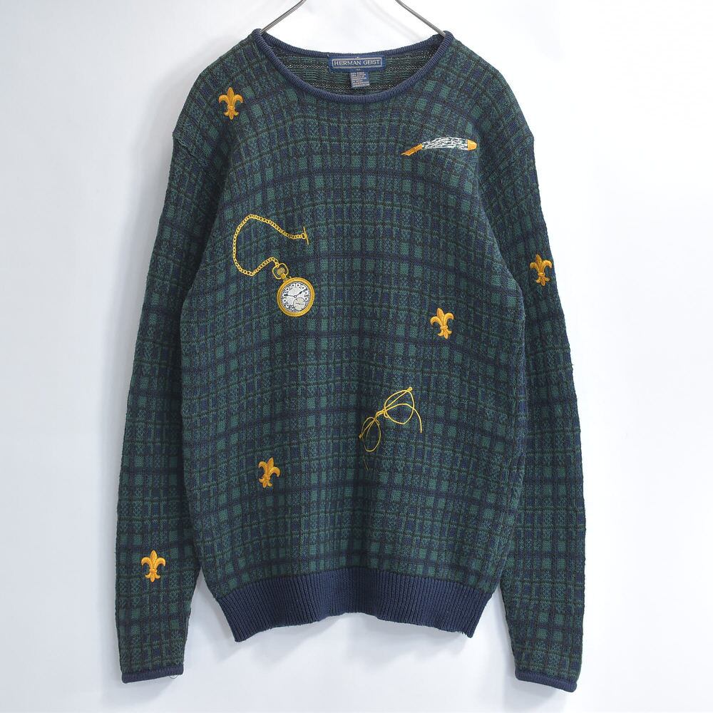 80～90s HERMAN GEIST ハーマンガイスト モチーフ刺繍 デザイン ラミーコットン  プルオーバーニット セーター ヴィンテージ ビンテージ USA アメリカ古着 レディースMサイズ 80～90s HERMAN GEIST ハーマンガイスト モチーフ刺繍 デザイン ラミー