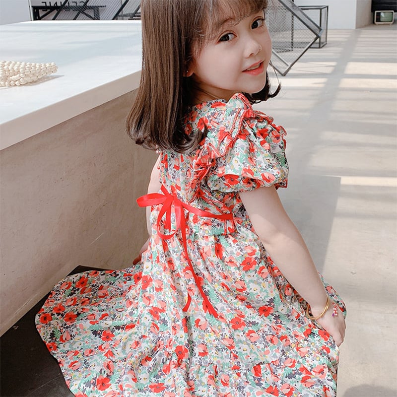 花柄 リボン フリル 韓国風子供服 半袖ワンピース90-130cm | 子供服