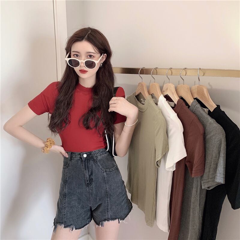 ラウンドネックソリッド カラーTシャツ スリムトップス サマー 夏物 Oネック ソリッドカラー ドラファッションホール82693880134