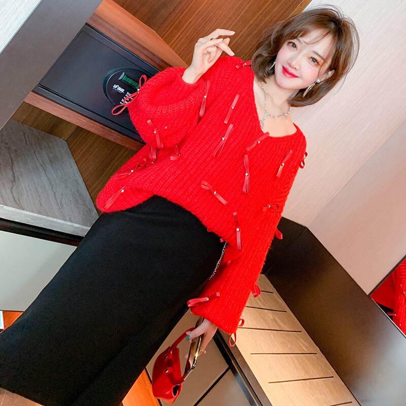 Vネックスリーブルーズセーター ウィンター ランタンスリーブ リボン 冬物 MIUCO4237912197