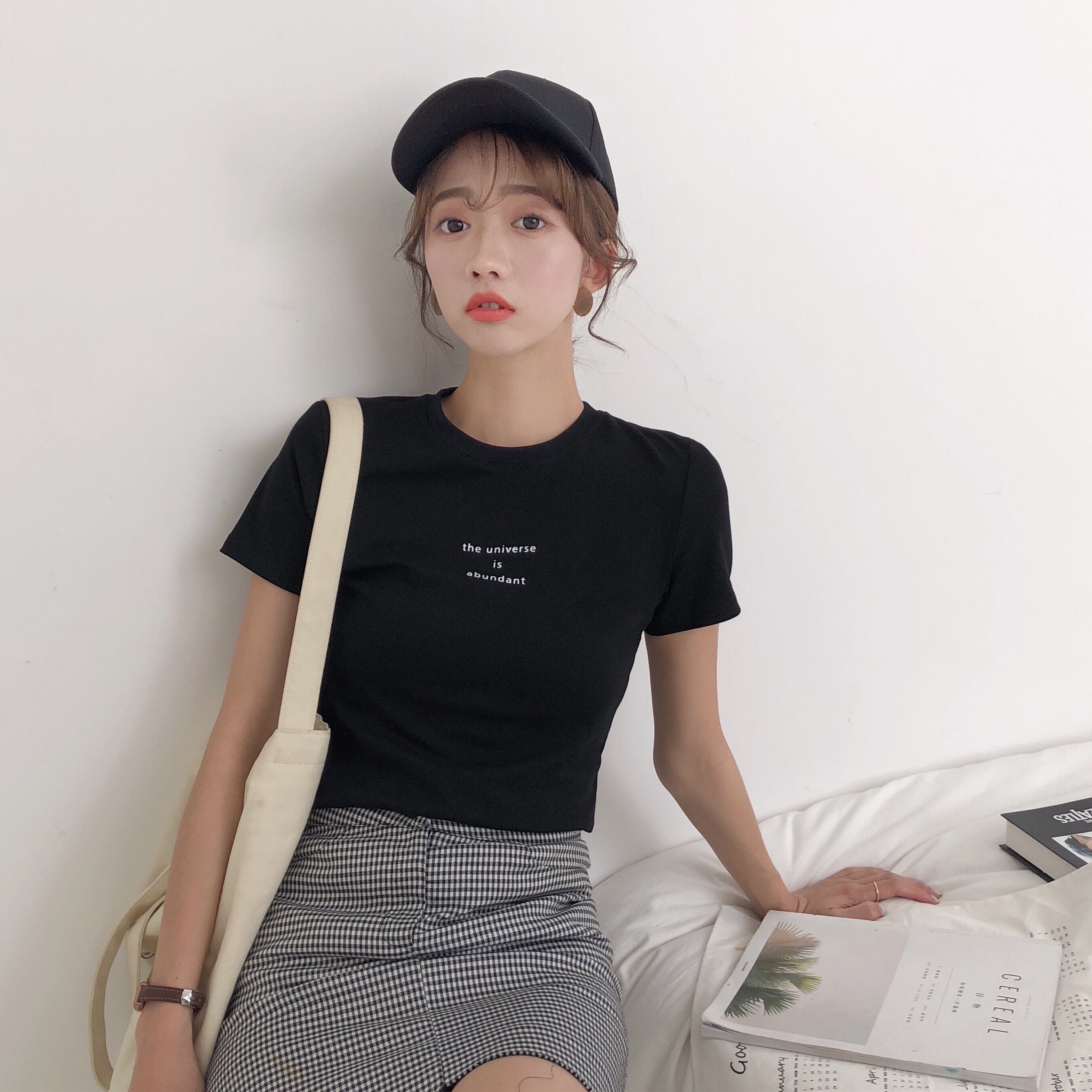 半袖Tシャツレディース2020年春新作香港フレーバーワイルドレタープリントスリムストレッチスチューデントショートトップ 1号婦人20395951502