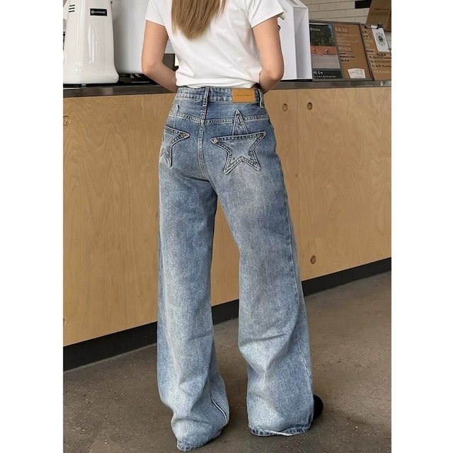 スターモチーフポケットウォッシュドワイドデニムパンツ 1col R02278