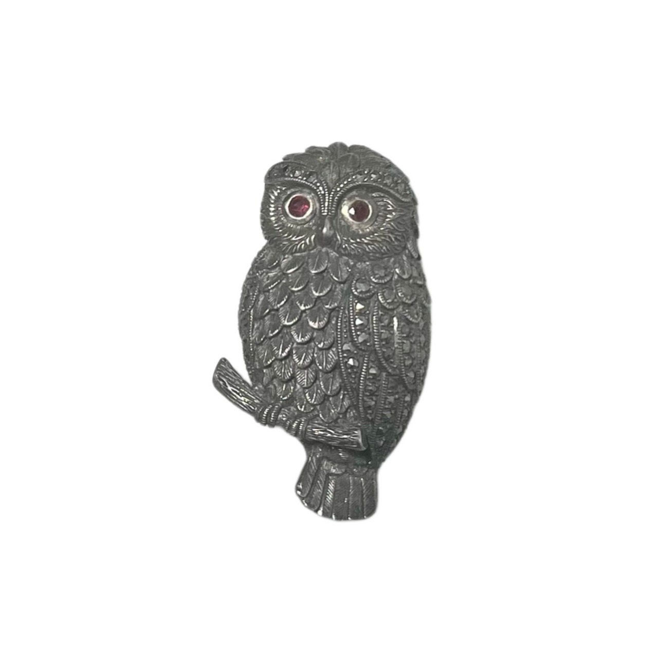 ROKUZAN silver brooch “owl” set with ruby & marcasite