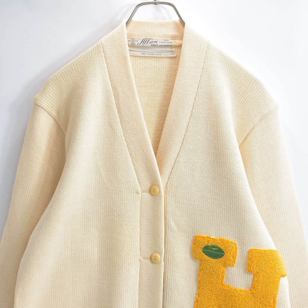60s USA製 Albion KNIT アルビオンニット サガラ刺繍 レタード ウール ニット カーディガン セーター ヴィンテージ ビンテージ USA古着 レディースXL相当