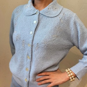 50's pale blue flower embroidery rhinestone chenille knit cardigan