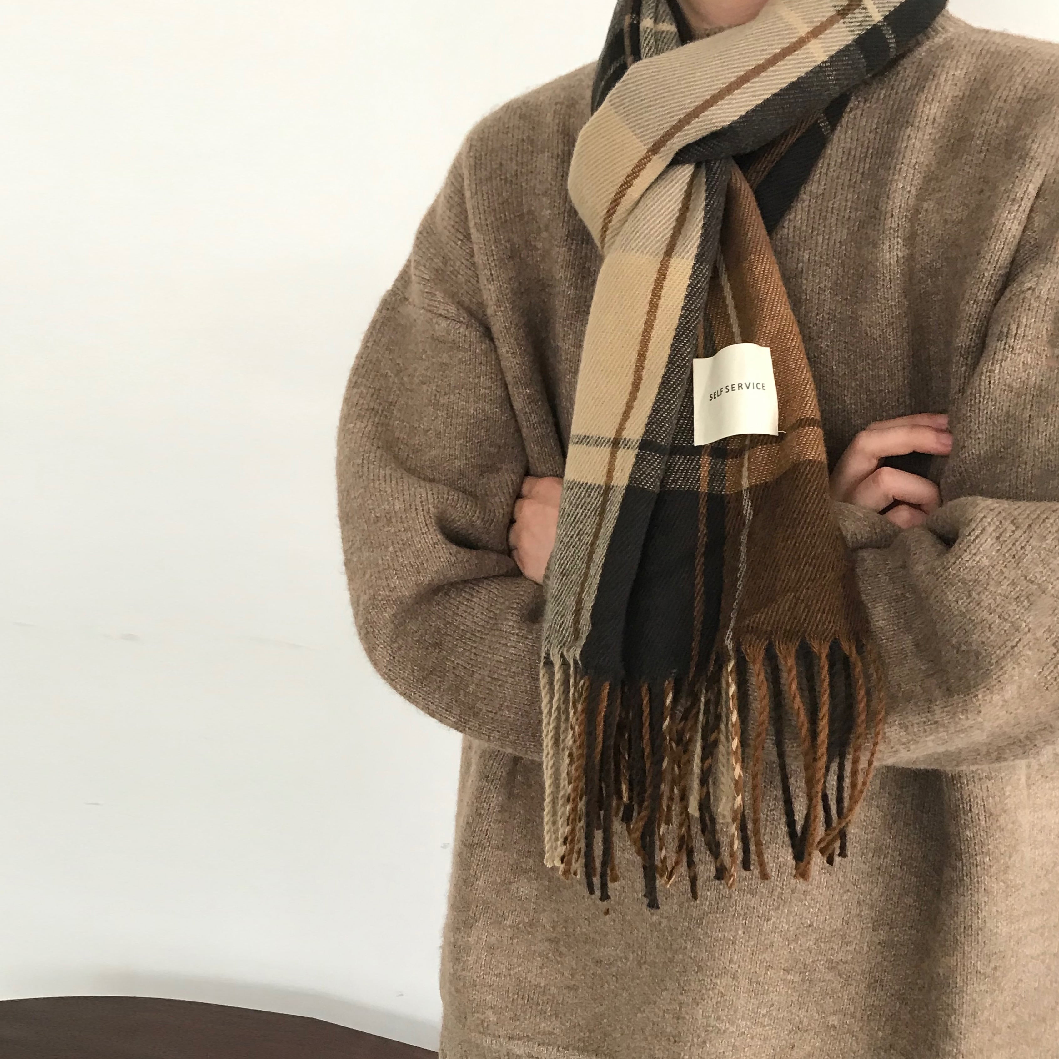 jiwuus茶色チェック柄フリンジマフラー | mblueshop jiwuus茶色チェック柄フリンジマフラー | mblueshop
