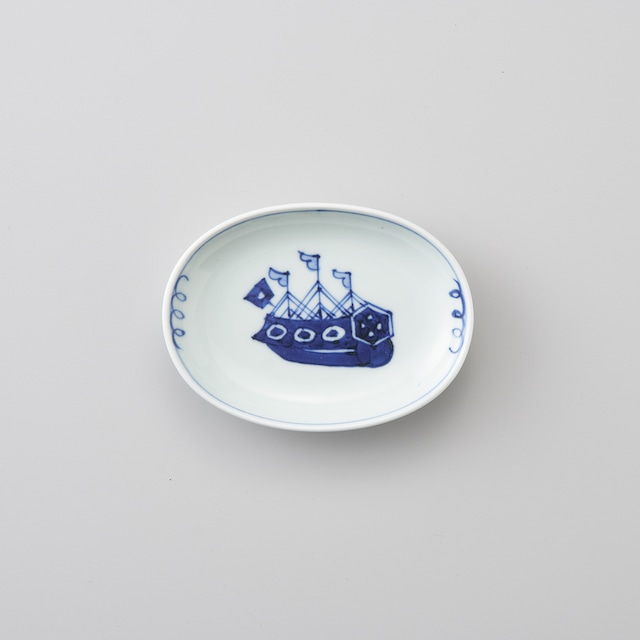 【青花】“オランダ船” 小判小皿